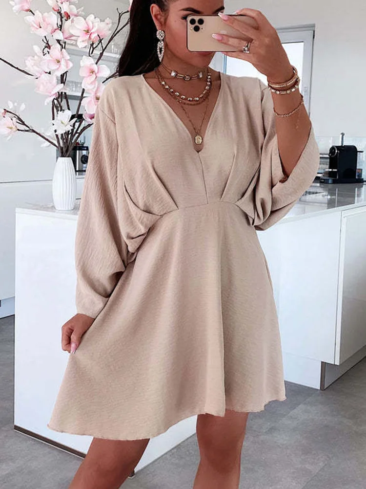 

2022 Summer Long Sleeve High Waist Party Chic Mini Dress Fashion V Neck Short Dress Elegant Women Solid Pleated A-Line Dresses