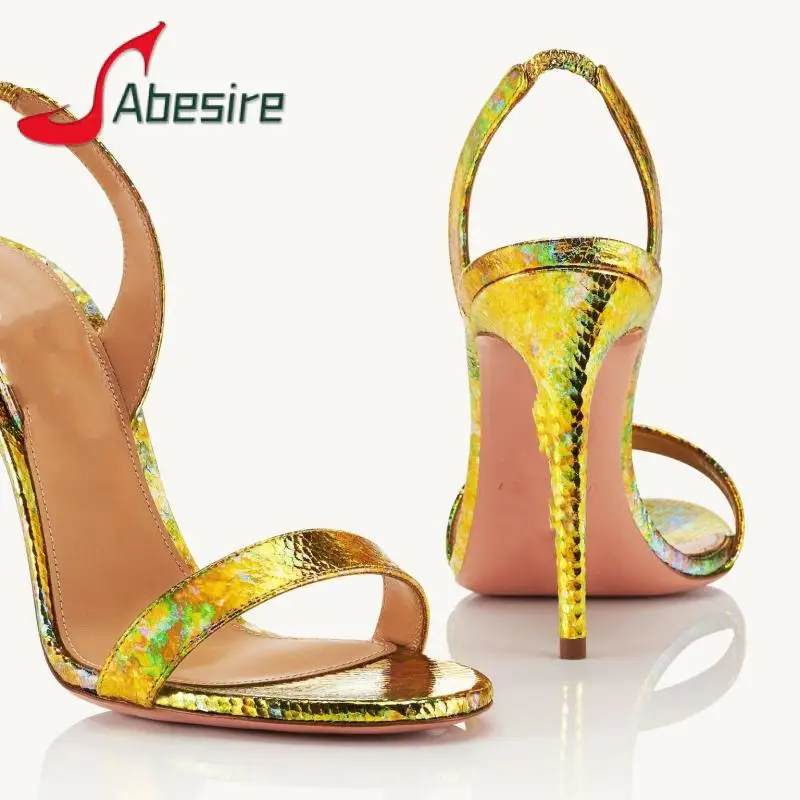 

Gold Snakeskin Sandals Sexy Open Toe Back Strap Thin High Heels Summer Fashion Ladies Stiletto Nightclub Party Women's Shoes