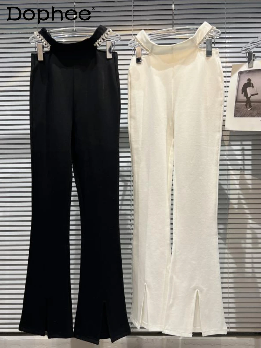 

2022 Autumn New Rhinestone Waist Hollow Casual Pants Women Temperament Socialite Bell-Bottom Pants Female Black Long Pantalon