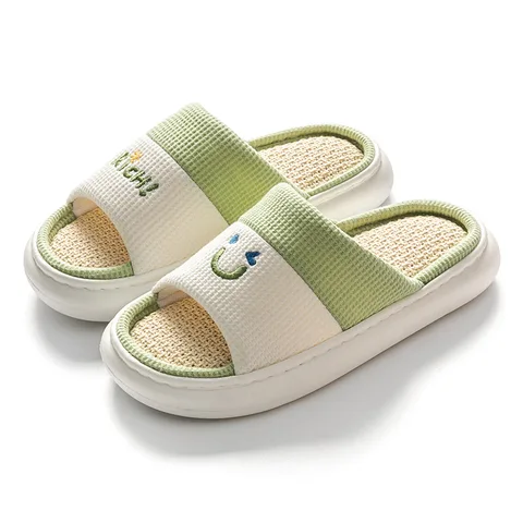 2024 nova primavera verão chinelos casais casa slides linho eva sola dedo do pé aberto bonito dos desenhos animados sorriso casa sapatos femininos