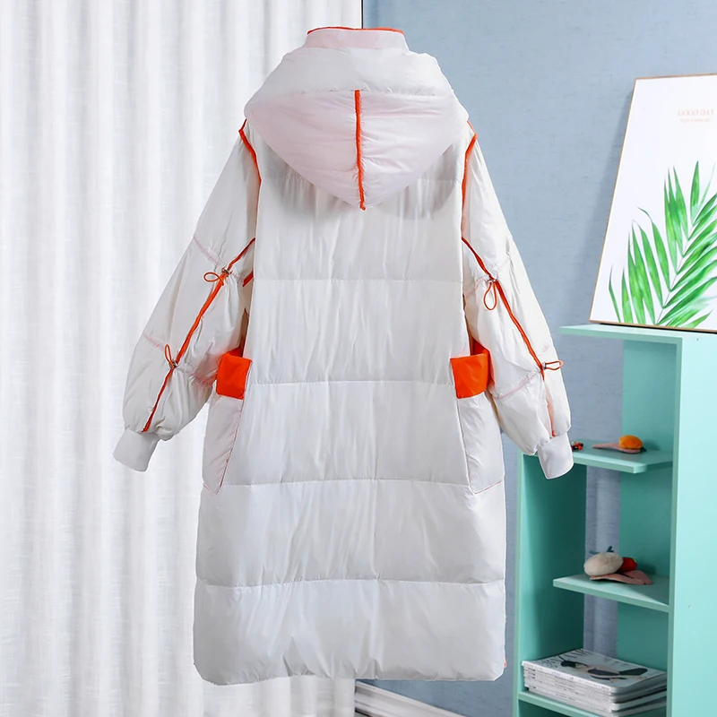 Standing Collar Hooded Loose Youth Straight Long White Duck Down Coat 2022 Winter New Fashion Down Jacket
