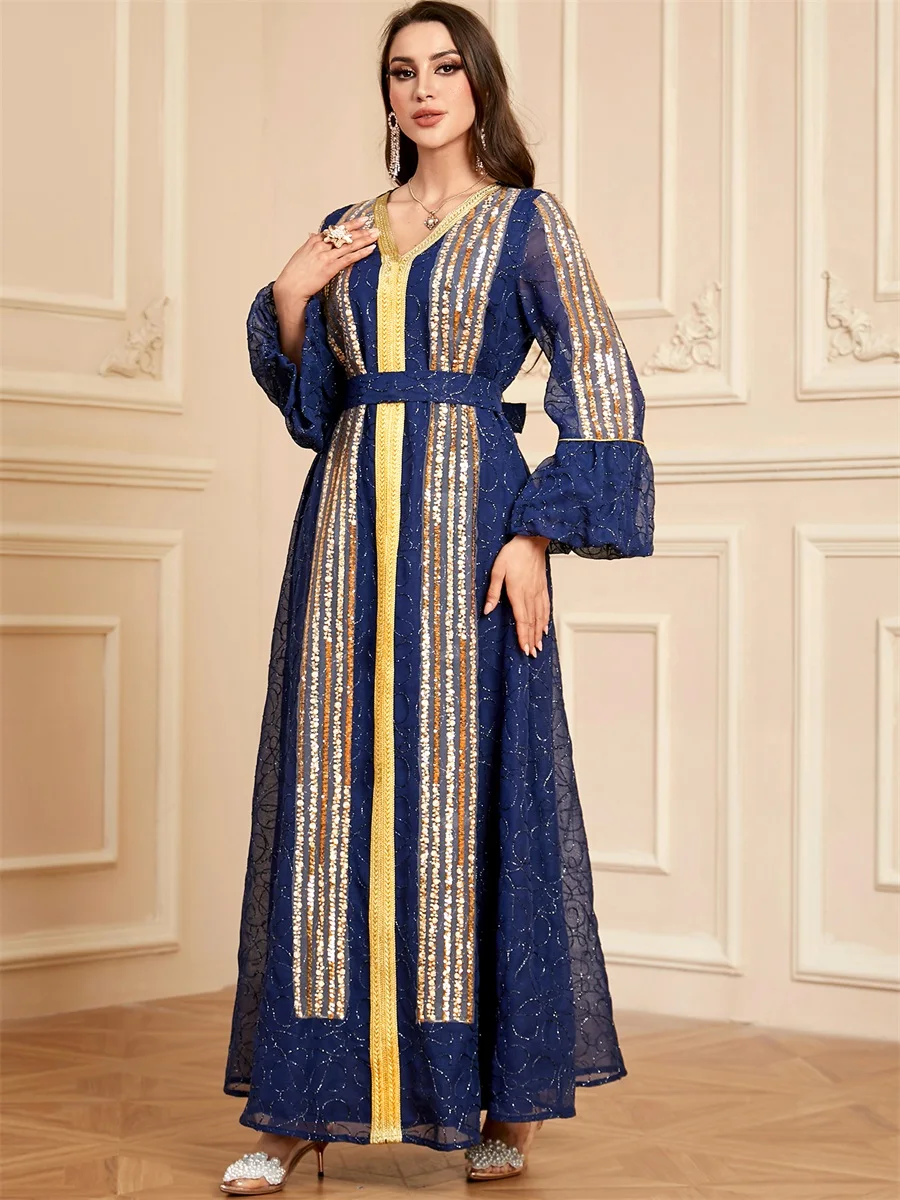 Siskakia Ramadan Dubai Стильные длинные платья с блестками и рукавами-лепестками v-образным