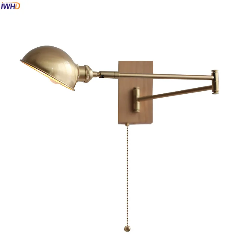 IWHD Walnut Ash Wood Canopy LED Wall Light Fixtures Pull Chain Switch Copper Arm Left Right Rotate Bedroom Beside Lamp Sconce