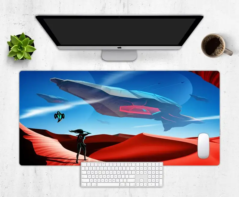 

Spaceship Flying Over Desert Desk Mat, Modern Future Desk Pad, Aesthetic Desk Decor, Gaming Mouse Pad, Extra Large Desk Pad, Off