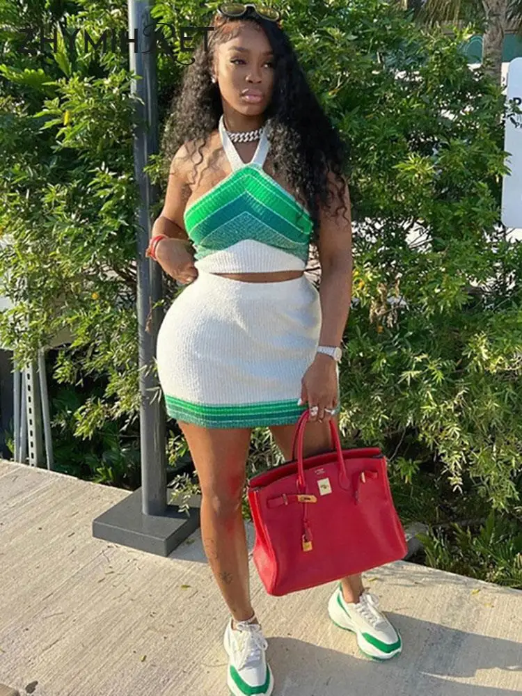 

ZHYMIHRET Y2K Knitted Green Striped Korean Two Piece Set Dress For Women 2023 New In Summer Halter Cropped Top And Skirt Set
