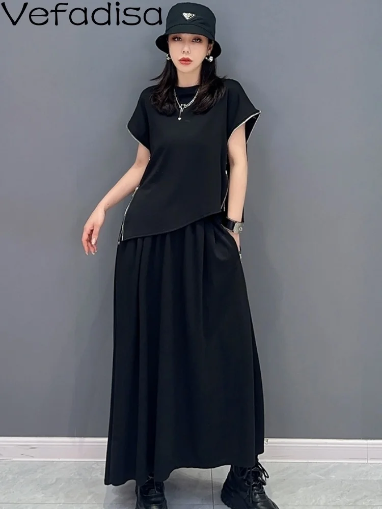 

Vefadisa 2023 Summer New Women Black Set Irregular Top Casual Half Skirt T-shirt Two Piece Set Trendy Girl Matching Sets ZY1106