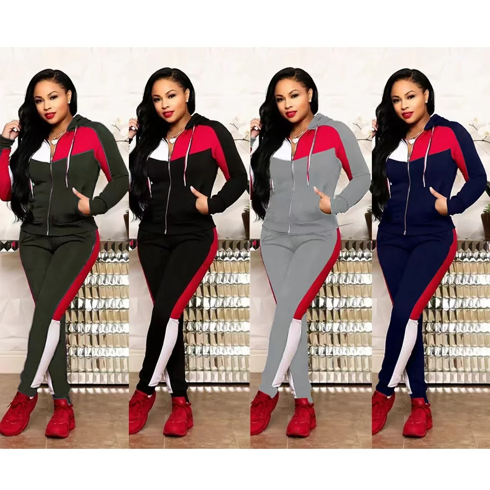 Fashion Women Sweatshirt Hoodies Zipper Pacthwork Two Piece Set Fitness Tracksuits Outfits Joggers