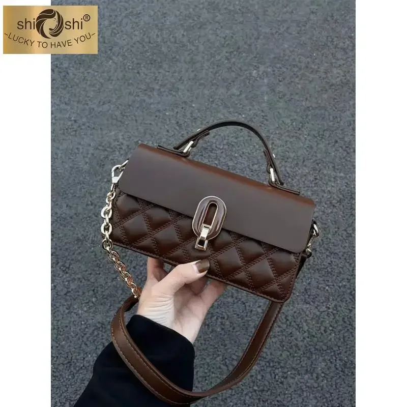 

2023 New Autumn/Winter Brown Bag Women's Fashion Lingge Handbag Advanced Commuter Work One Shoulder Crossbody Bag