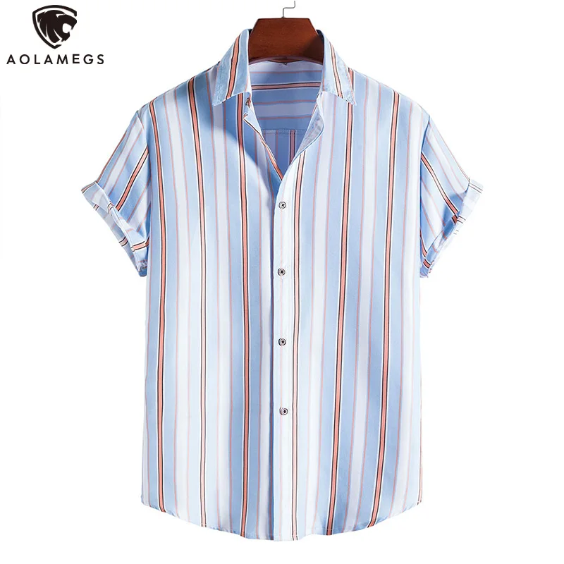 

Aolamegs Simple Striped Print Men's Shirts Casual Short Sleeve Tops Unisex Harajuku All-match Turn-down Collar Streetwear Summer