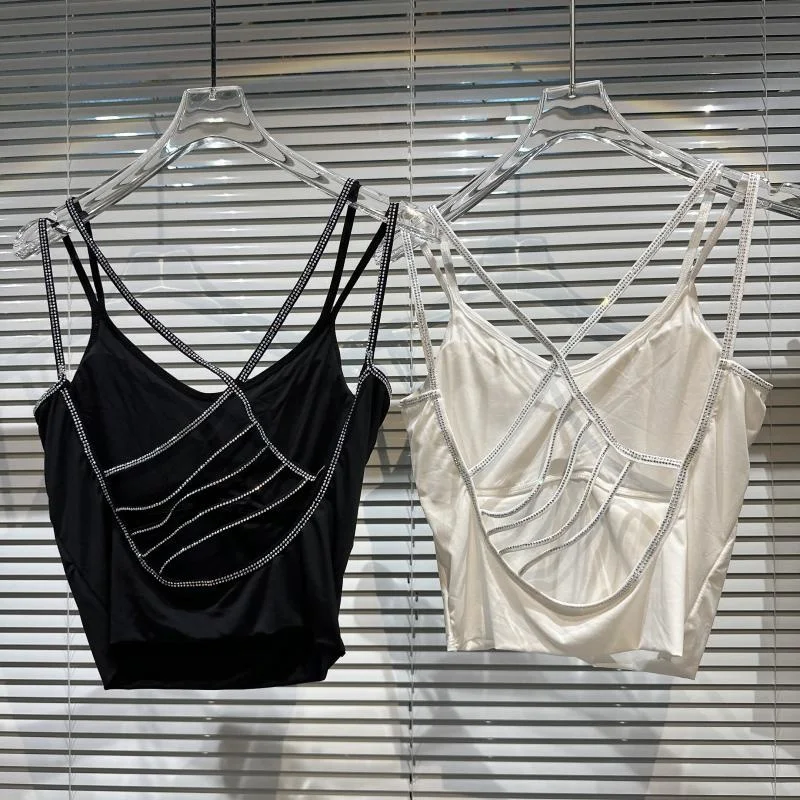 

BORVEMAYS 2023 Spring Summer New Fashion Trend Black V Neck Sleeveless Solid Color Hollow Out Diamonds Sexy Tank Tops Women