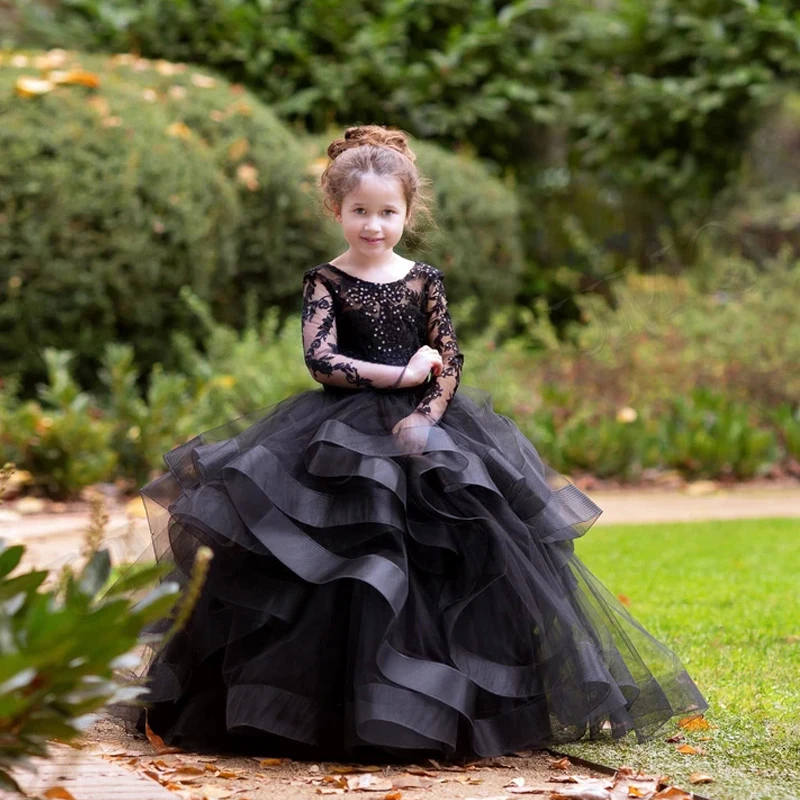 

Черное бальное платье для маленьких девочек с цветами, платья с иллюзионными рукавами, костюмы на день рождения с аппликацией, свадебное платье для фотографии, платье для первого причастия