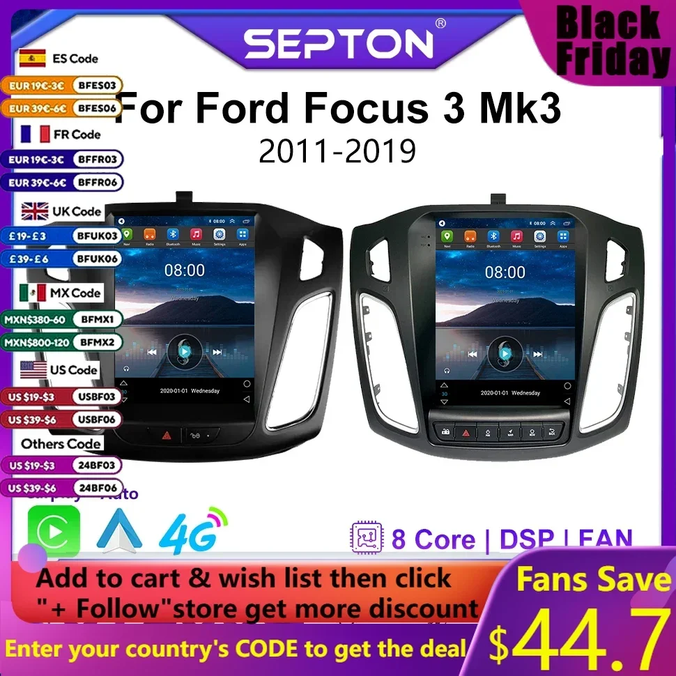 Автомобильный радиоприемник SEPTON Android 12 9 7 дюйма для Ford Focus 3 Mk3 2011-2019 CarPlay 2 Din
