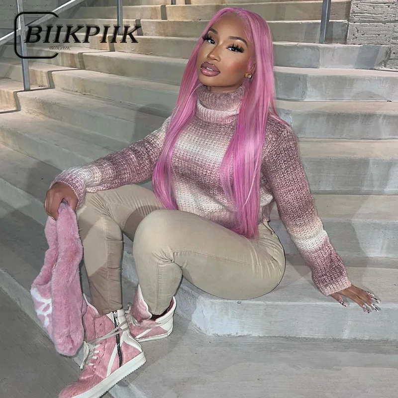 

Свитер BIIKPIIK контрастных цветов в стиле пэчворк, повседневная Водолазка с длинным рукавом, джемперы на осень и зиму, модные пуловеры в эстети...