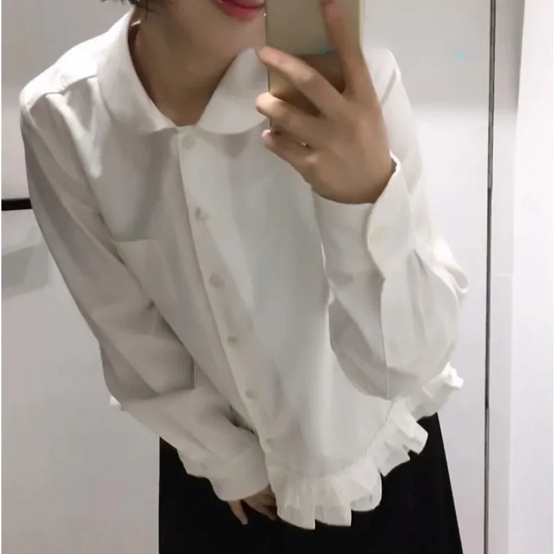 Matakawa женские рубашки нестандартной формы с однотонными оборками весенне-осенние