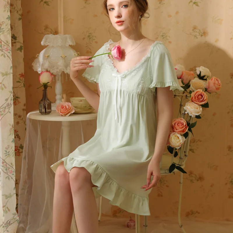 Summer Women's Nightdress Cotton Princess Lace Sleepwear Vintage Dress Sleepshirts Girl Ladies French Style Nightgown Sleepdress
