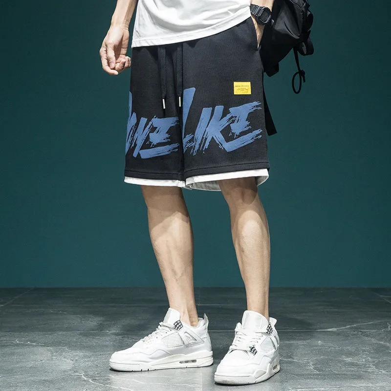 

Summer Men's Shorts Drawstring Casual Loose Cotton Hip Hop Letter Sweatshorts Male Straight Wide Short Sweatpants Streetwear
