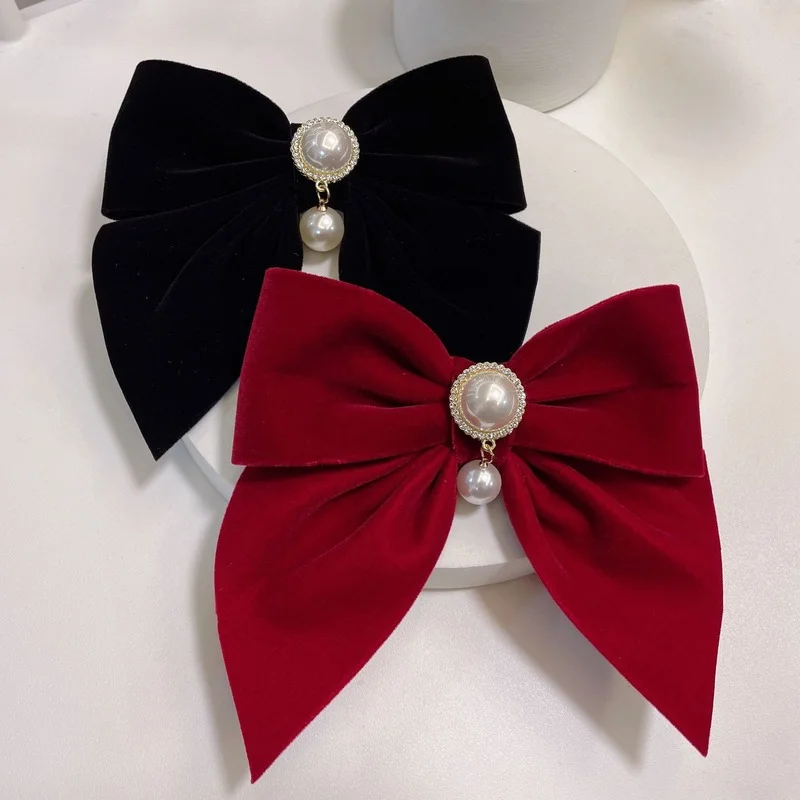 

New Fabric Velvet Bow Hair Clips for Women Pearl Crystal Hair Bows Hairpins Elegant Barrette Headwear Korean Hair Accessories