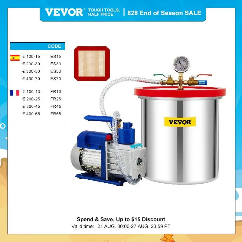 VEVOR Vacuum Chamber with Pump 5 Gallon Chamber 5CFM 1/2 HP Single Stage Rotary Vane 110V HVAC Air Tool Set for Stabilizing Wood