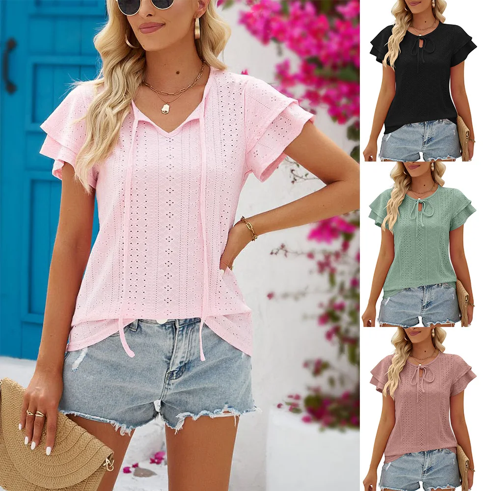 

Summer New European and American Women's T-shirt Fashion Hole Hollow Lace up Double Sleeve Top T-shirt aesthetic kawaii clothes