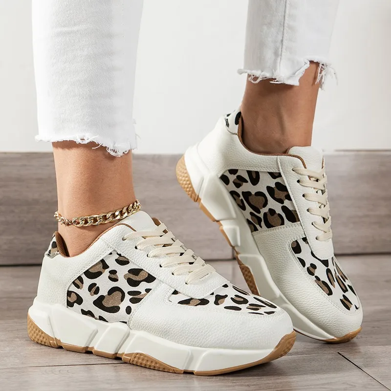

New Plus Size Thick-soled Round Toe Low-top Leopard Print Women's Singles Casual Shoes Cross-large Stitching Lace-up Sneakers