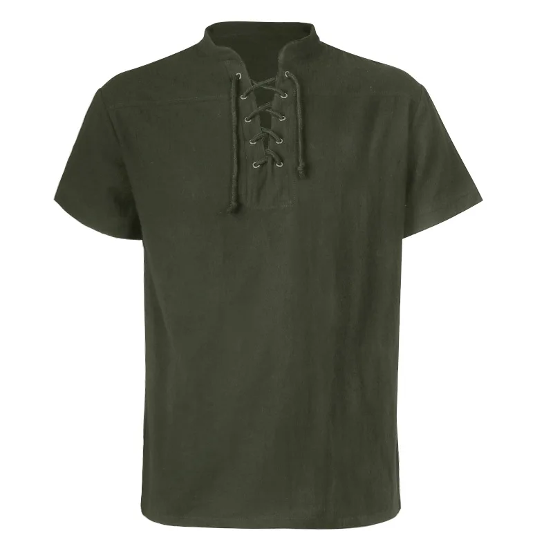 

Летняя одежда болотного зеленого цвета со шнуровкой и воротником-стойкой с коротким рукавом для косплея пирата в средневековом готическом стиле Мужская искусственная винтажная верхняя одежда