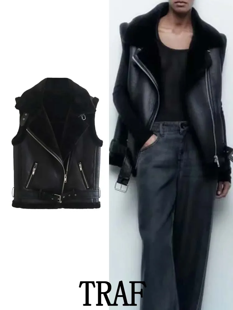 

TRAF 2023 Woman Winter Reversible Cotton Imitation Leather Vest Fashion Sleeveless Jacket Windproof Casual Warm Coats