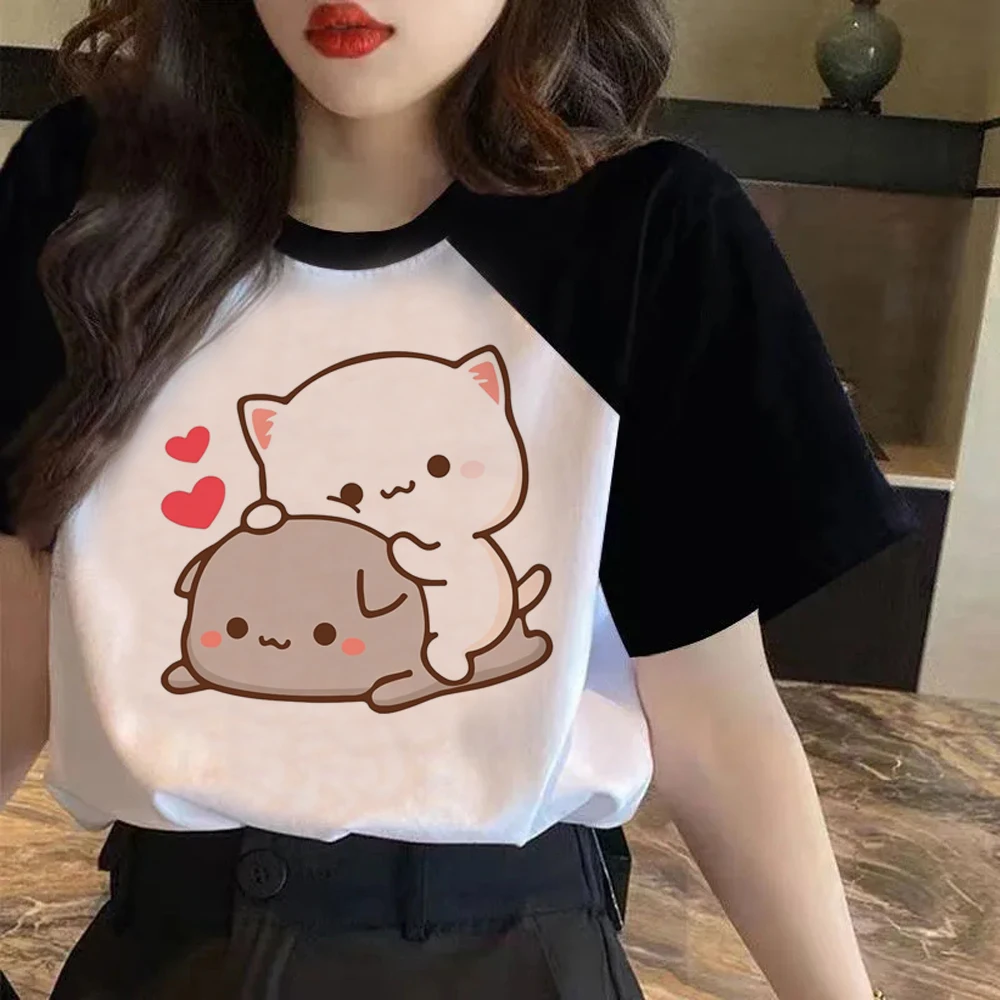 Фото Kawaii персик и Гома мочи кот любовь печать футболка Женщины Y2k одежда мультфильм смешная футболка Harajuku аниме унисекс футболка женская №2