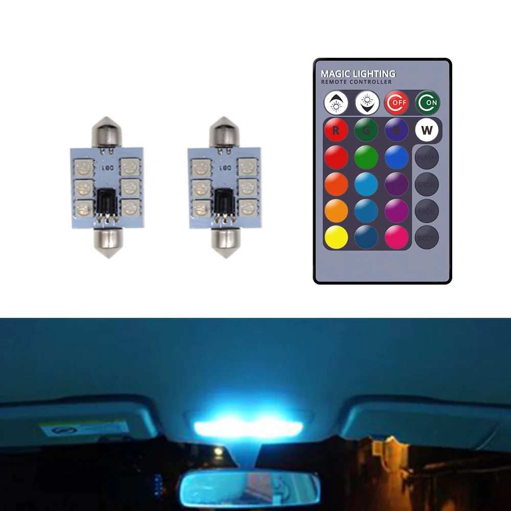 

2X C5w Car Led RGB 5050 6SMD 41mm Festoon Dome Car Door Lights Automobile Remote Controller Colorful Lamps Roof Atmosphere Bulbs