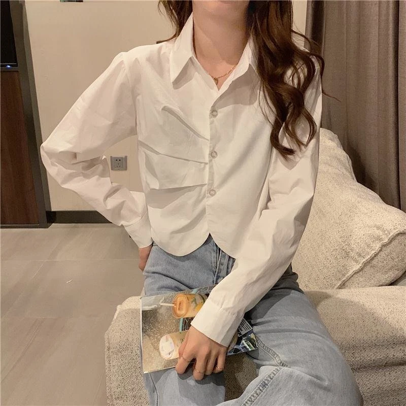 

Женская рубашка с длинным рукавом, голубая рубашка в полоску, весна-осень, новый дизайн, нишевая нестандартная маленькая короткая рубашка