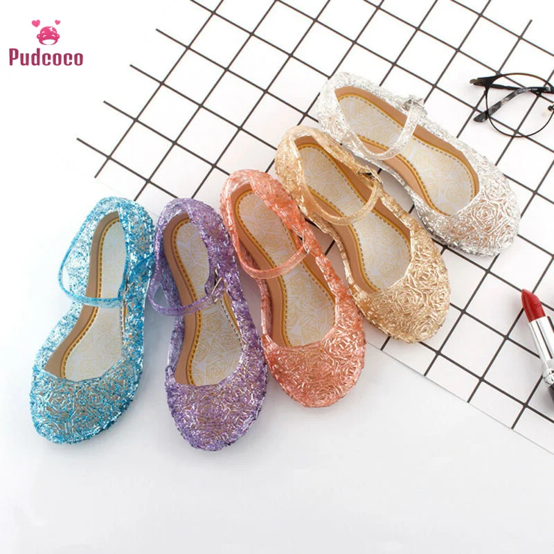 

Pudcoco Summer Kids Girls Crystal Jelly Sandals Cinderella Princess Frozen Elsa Cosplay Party Dance High-Heeled Shoes