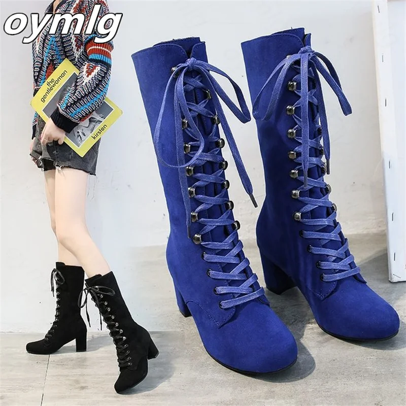 

Autumn winter plus size women's boots New thick heel mid-heel boots Round toe front lace cross straps high-heeled women's boots