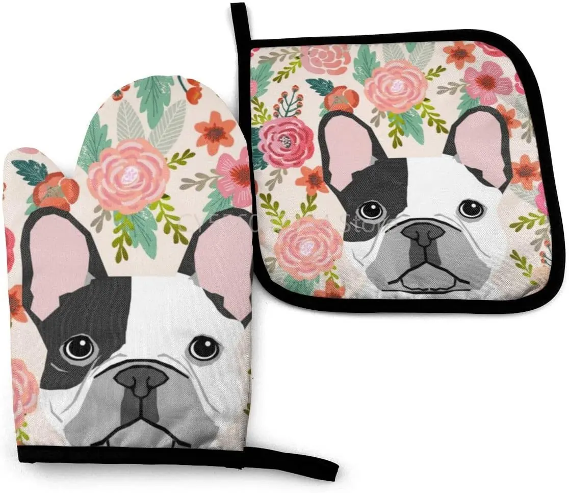 

French Bulldog Cute Floral Heat Resistant Non-Slip Cooking Mitt Microwave Gloves for Kitchen Baking Grilling BBQ Set of 2