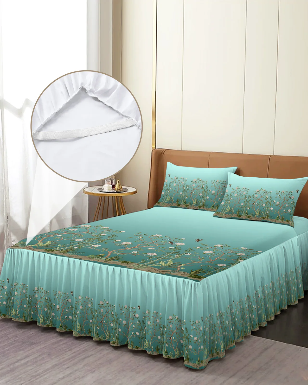 

Комплект постельного белья, эластичное покрывало с наволочками, наматрасником, бамбуковой юбкой с бирюзовым градиентом, с цветами, растениями, птицами