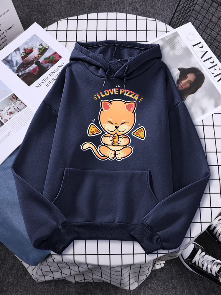 

I Love Pizza Kawaii Cat Printed Female Hooded Cartoons Cute Pullover Oversize Fleece Warm Tops Comfortable Casual Womens Hoodies