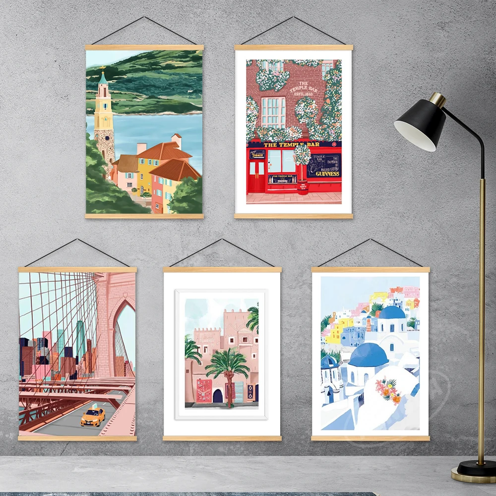 

Home Decor Streetscape Wooden Hanging Painting HD Architecture Canvas Print Scenic Spot Poster Wall Art Modular Picture Bedroom