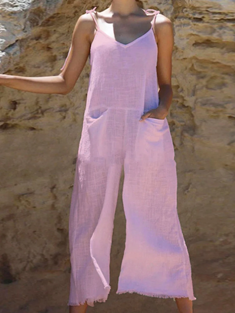 

Office Ladies Pocket Cotton Linen Romper Fashion V Neck Long Pants Tassel Overalls New Women Casual Bow Sling Summer Jumpsuit
