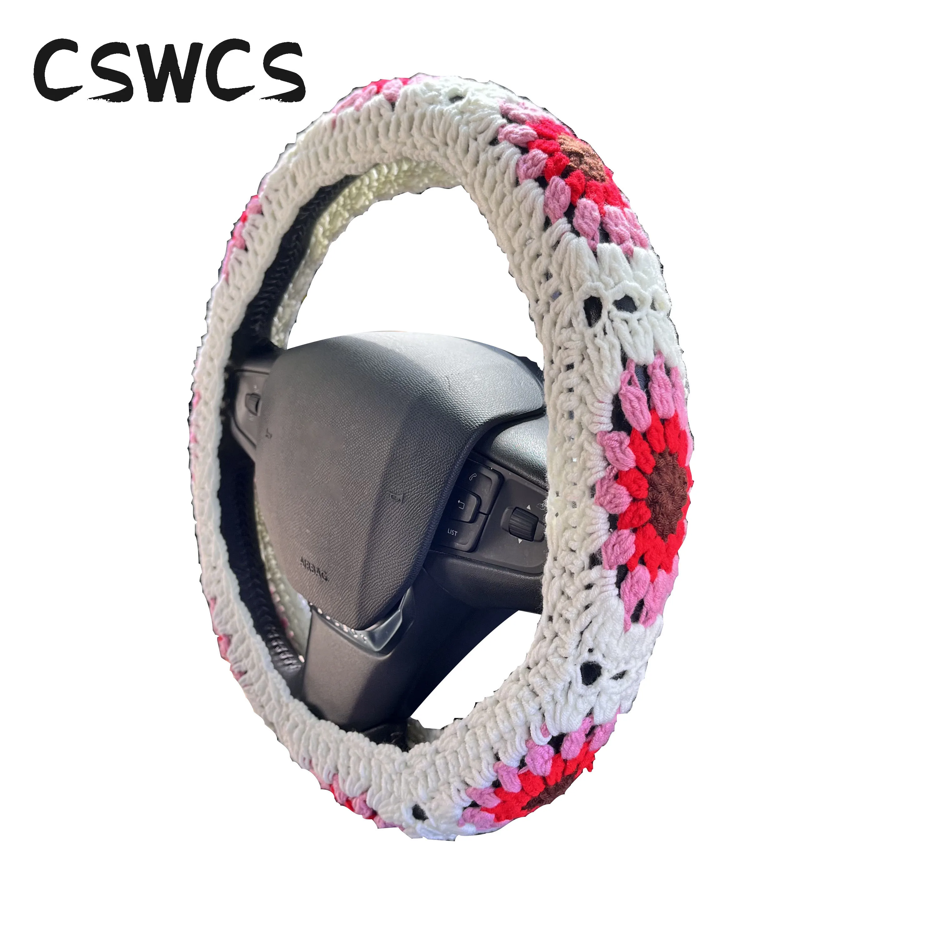

CSWCS 14-15in Cute Crochet Steering Wheel Cover for Women Sunflower Seat Belt Covers Coaster Car Interior Accessories Decoration