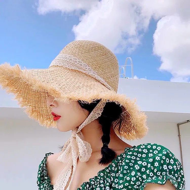Spring/summer 2023 New Lace Rafi Straw Hat Beach Holiday Travel Shooting Sun visor Hat