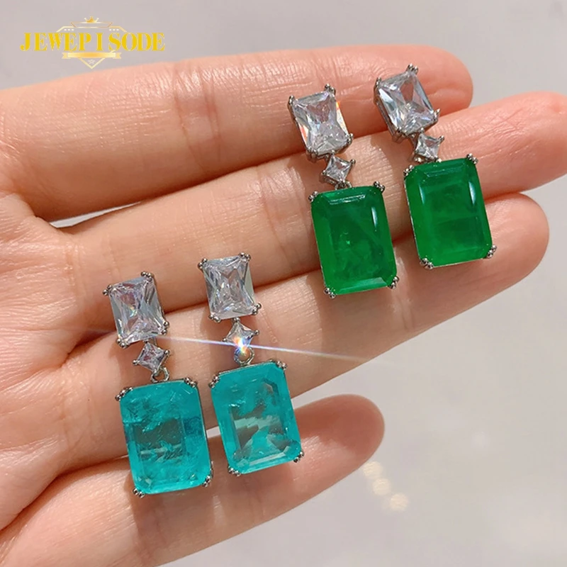 

Jewepisode Vintage Real 925 Sterling Silver Paraiba Tourmaline Emerald Diamond Gemstone Dangle Drop Earrings Women Fine Jewelry