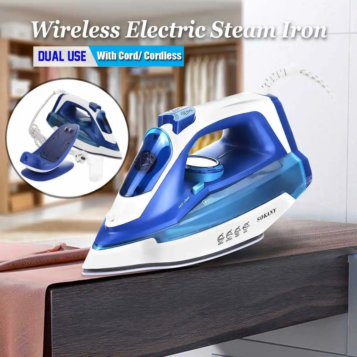 2400 Watt Corded/Cordless Steam Iron with Nonstick Soleplate, Self-Cleaning Steamer for Clothes