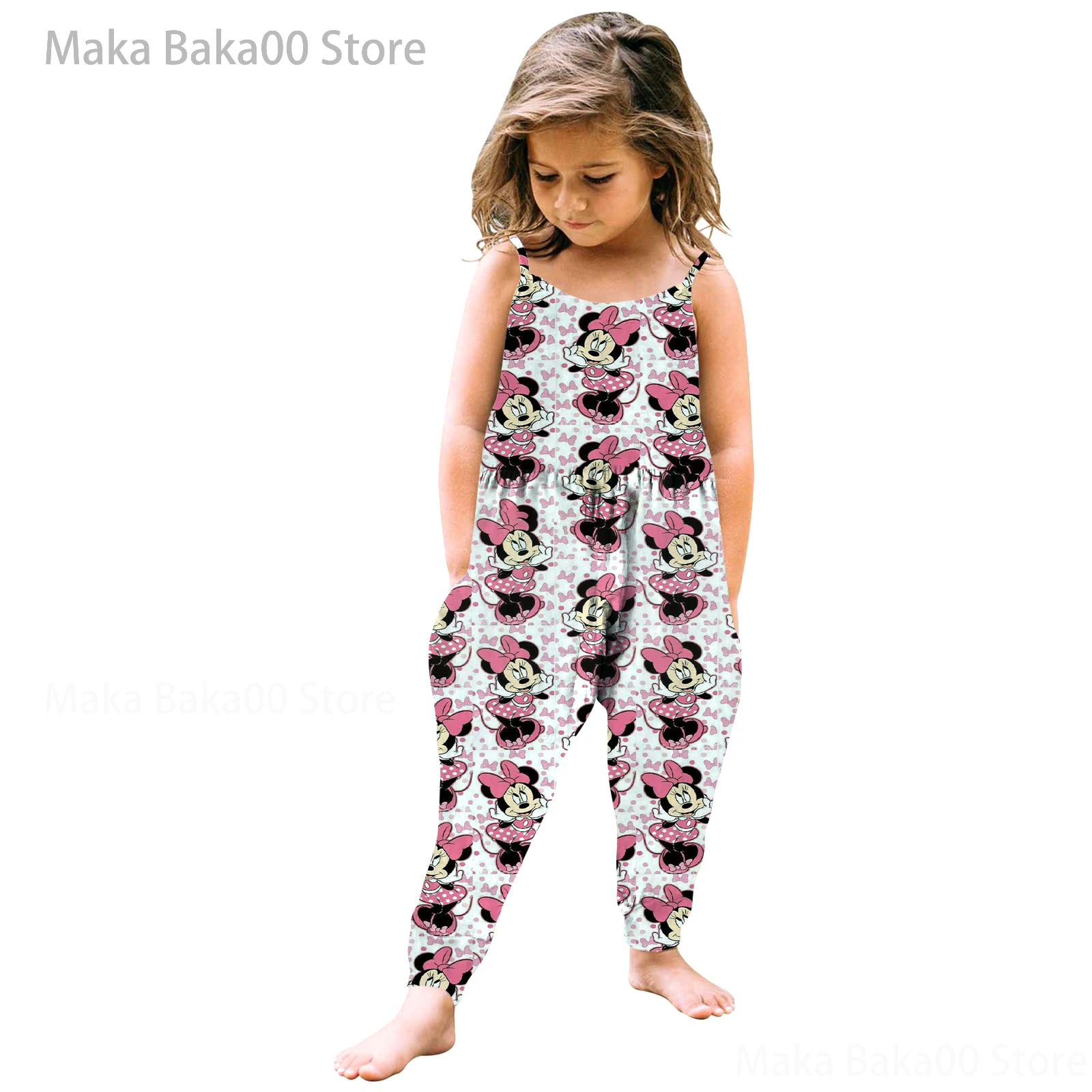 

2022 Summer New Disney Mickey and Minnie Head Print Children's Clothing Jumpsuits Casual Cartoon Tops 2022 Girls Models