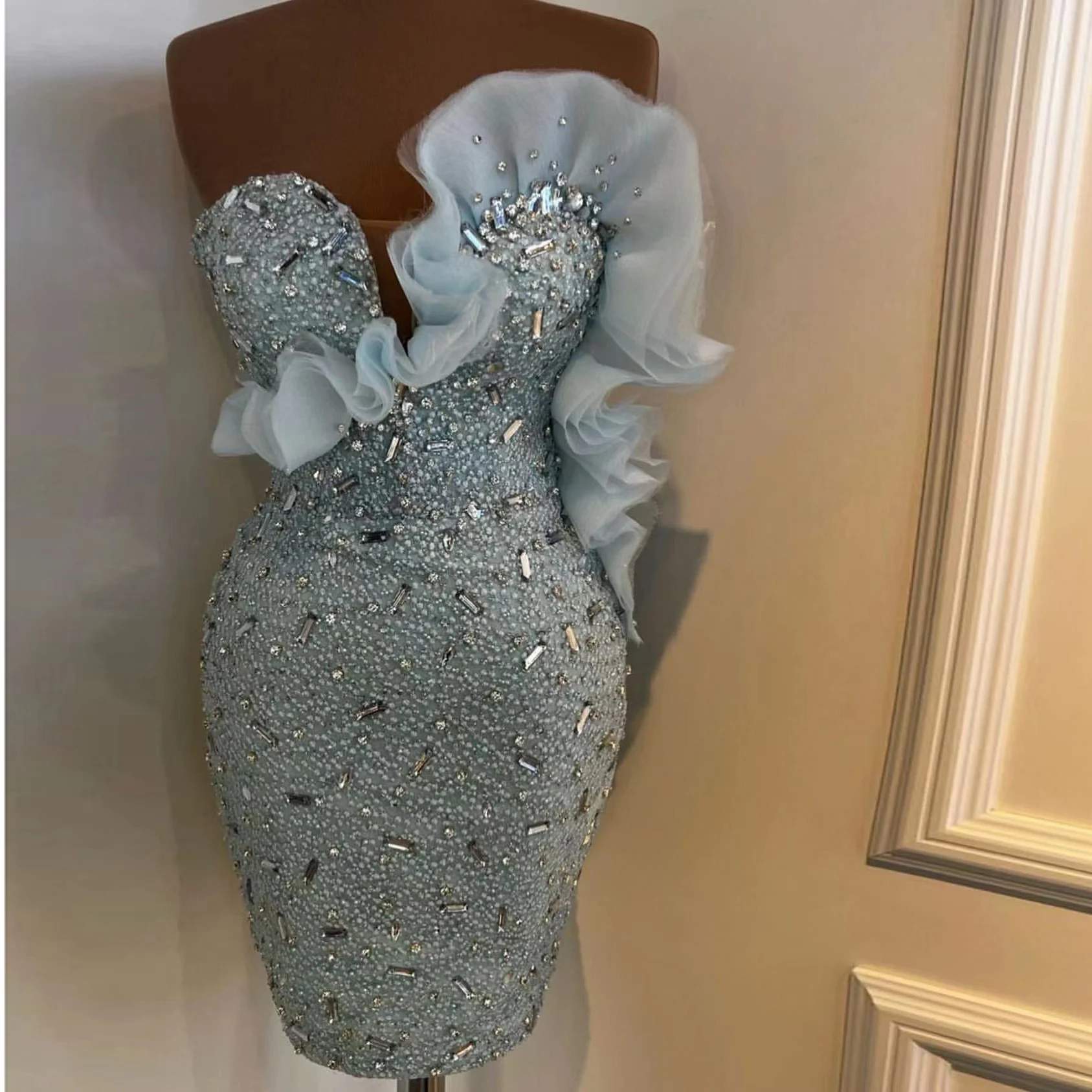 

New Light Blue Prom Dresses 2022 For Women Sequined Strapless Mini Skirt Formal Party Sexy Evening Dresses Robes De Soirée