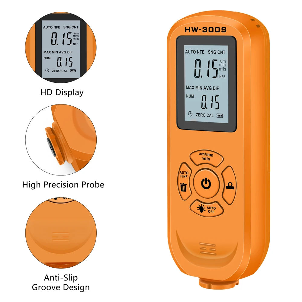 

HW-300S Coating Thickness Gauge 1micron/0-2000UM Digital Car Paint Film Thickness Tester LCD Backlight Display