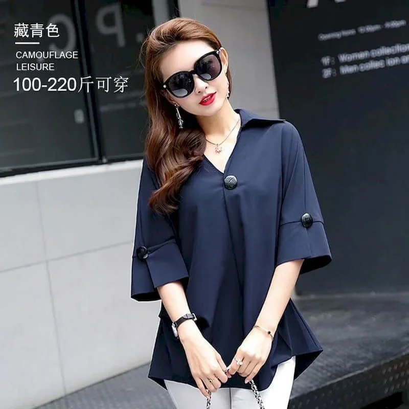 Шифоновые рубашки женские винтажные однотонные с v-образным вырезом свободные