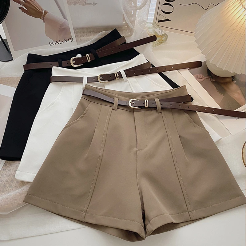 

Khaki Womens High Waisted Shorts Summer Spring Chic Elegant Bottoms Women Trousers Black Korean Work Shorts Pants with Belt