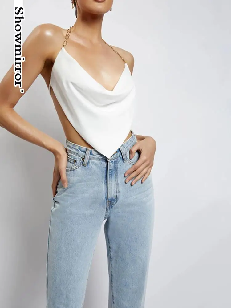 

Showmirror Sexy Halter Chain Y2K Crop Top for Women Summer Sleeveless Backless Draped Tanks Scarf Tube Top Streetwear Clothes