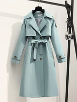 double breasted drawstring windbreaker mid length british style coat female spring and autumn loose fashion coat blue s 3xl