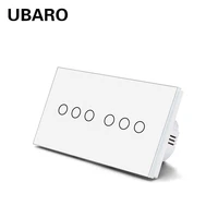 ubaro eu touch light switch 6 gang electrical interruptor with white tempered crystal glass panel 100 240v 146mm home appliance