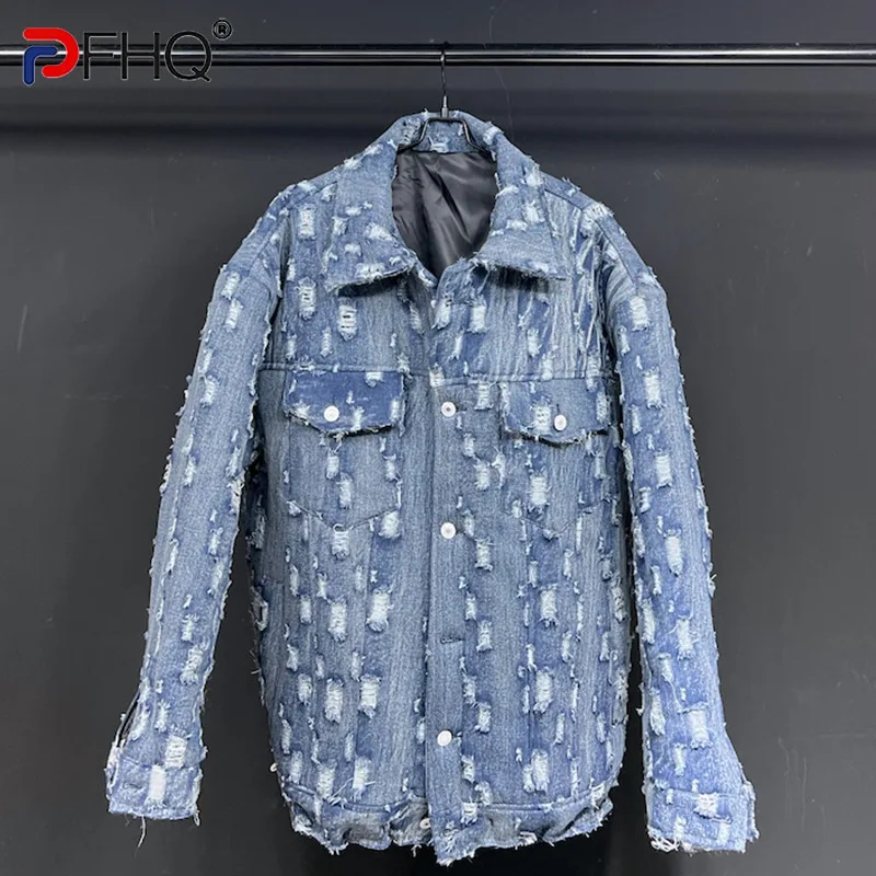 

PFHQ Denim Wornout Patched Holes Vintage Men's Locomotive Jackets Original Designer High Quality Padded Jackets 2023 Coat Trendy