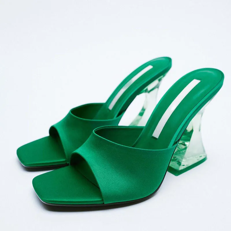 

Latest Summer and Autumn Women's Green shoes Silky Wide Band Transparent High Heel Comfortable Green Sandals Heels zapatos mujer